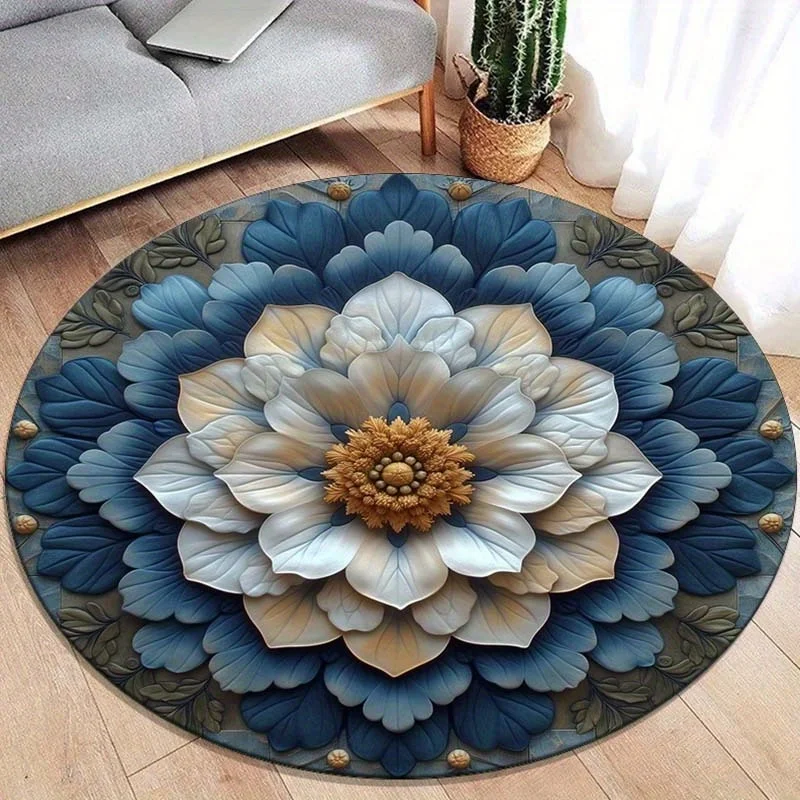 

1 шт. круглый ковер с цветочным принтом Мандала - хрустальный бархат, подходит для офиса, прихожей, украшения кухни, нескользящий, можно стирать в машине