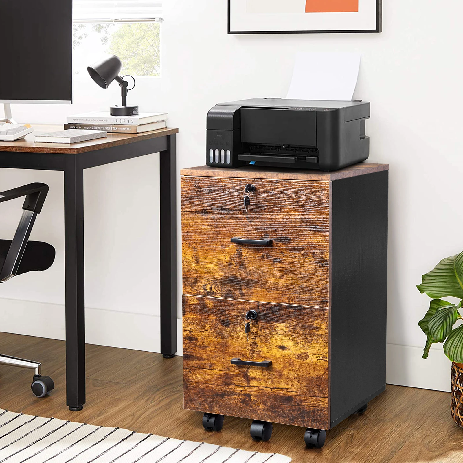 Rustic Wood Grain 2‑Drawer Mobile Filing Cabinet with Lock, Rolling Lockable Storage Drawer Cabinet with Casters, Under Desk File Organizer for Home Office Study Room Office Furniture