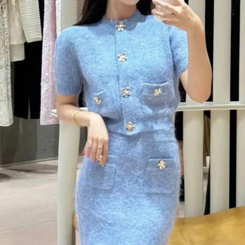 Women's Knitted Set 2024 New Autumn Spring O-neck Single Breasted Sweet Short Sleeve Top or High Waist Skirt