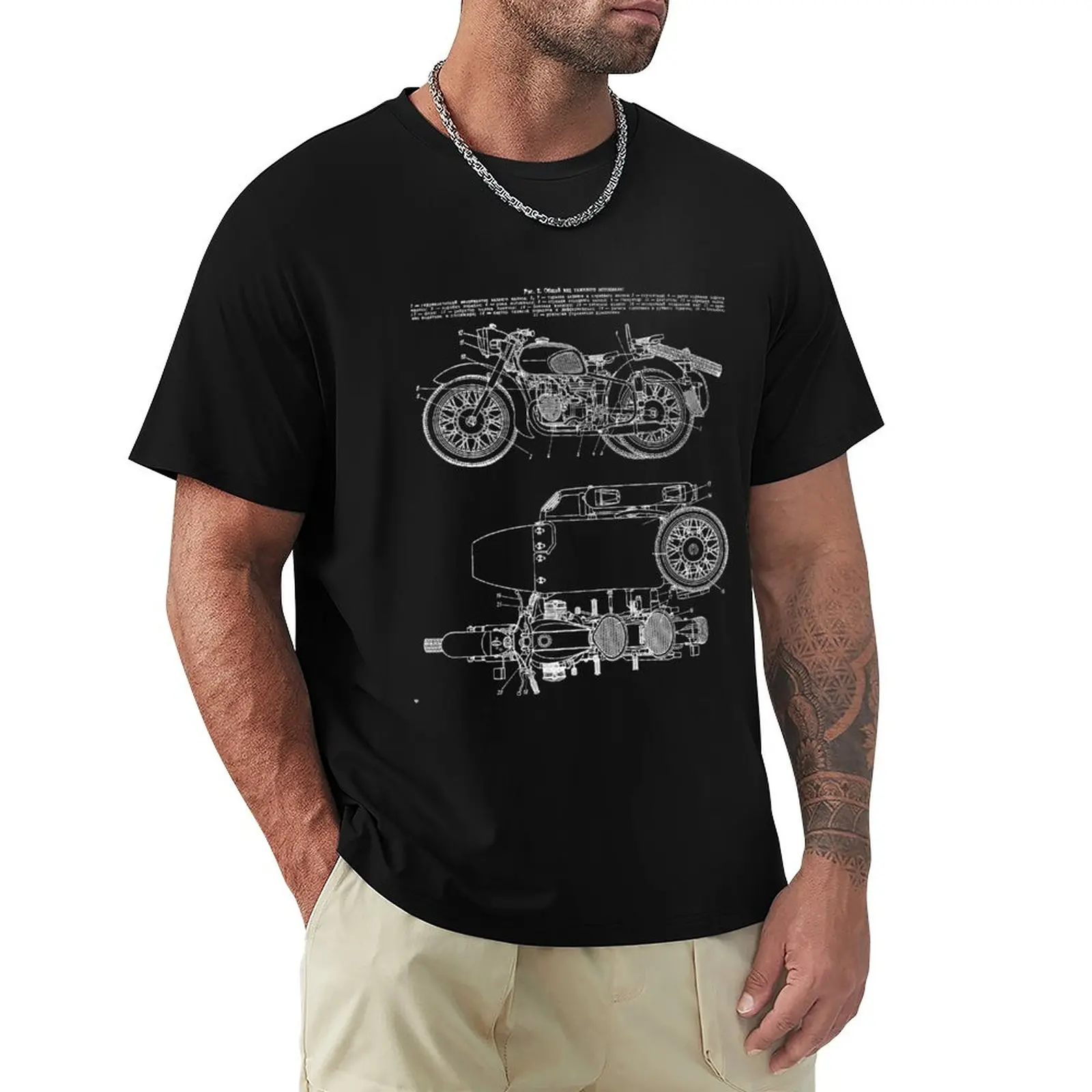 Vintage KMZ Dnepr-12 Motorcycle Diagram (White - Black Background) | Общий Вид Мотоцикла Днепр-12 T-Shirt