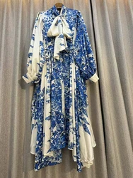 European American Fashion High-end Dress For Women Retro Elegant Lantern Long Sleeved Waist A-line Printed Pleated Party Dress
