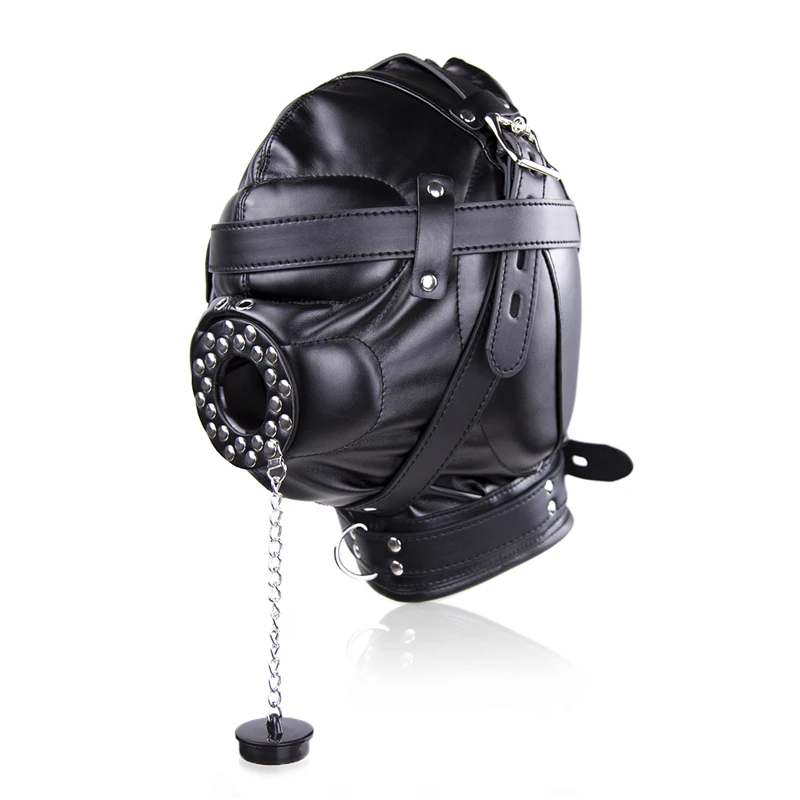 BDSM Bondage Headgear PU Leather Lockable Hood Mask with Openable Mouth Gag Funnel Sensory Deprivation Head Hood Sex Toy