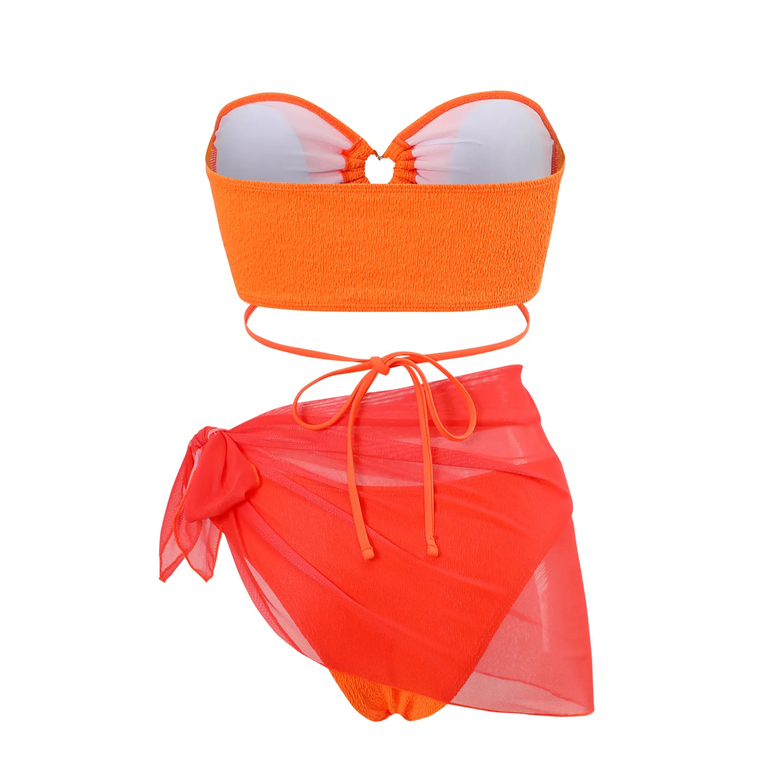 Bikini-Set für Damen, Orange, Bandeau, Schleife, Netzstoff, Überzug, 3-teilig, 2025, Sommer, sexy Strand-Badeanzug