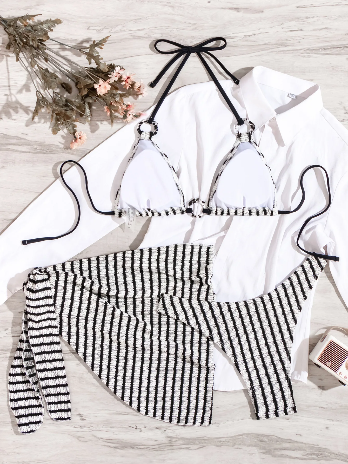 Sexy Women White Black Striped Halter Ring Bikini Sets 3pcs with Cover Skirt Swimsuit Bathing Suit Beach Outfits Biquini Tankini