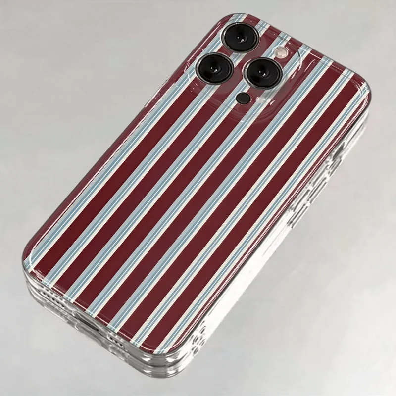 Burgundy Blue Striped Pattern Soft Phone Case For iPhone 11 12 13 14 15 16 17 18 Pro Max  16 Plus Air Transparent Cover