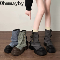 Winter Punk Style Platform Heels Women Ankle Boots Fashion Button Combination Splicing Short Botas Para Mujer