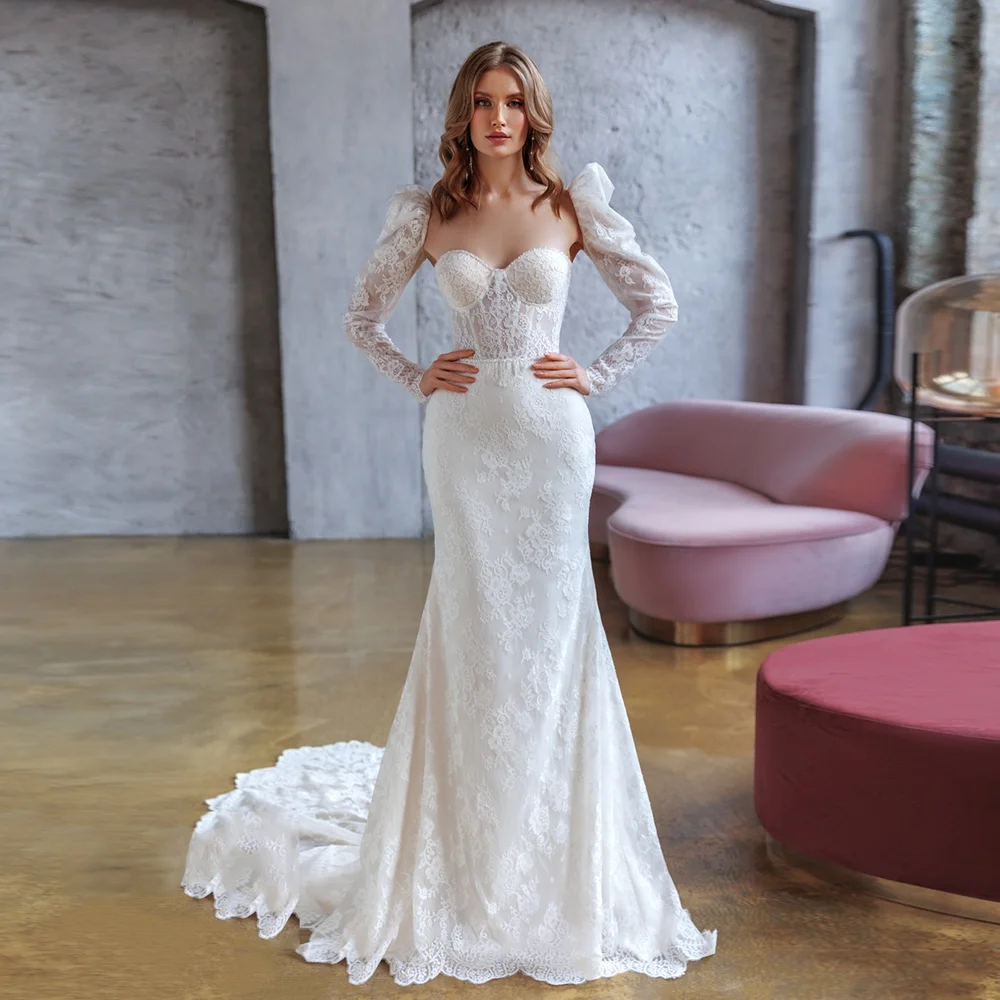 

Graceful Sweetheart Collar Lace Bridesmaid Dress Mermaid Backless Sweep Trian Wedding Gown with Detachable Sleeve Customzied