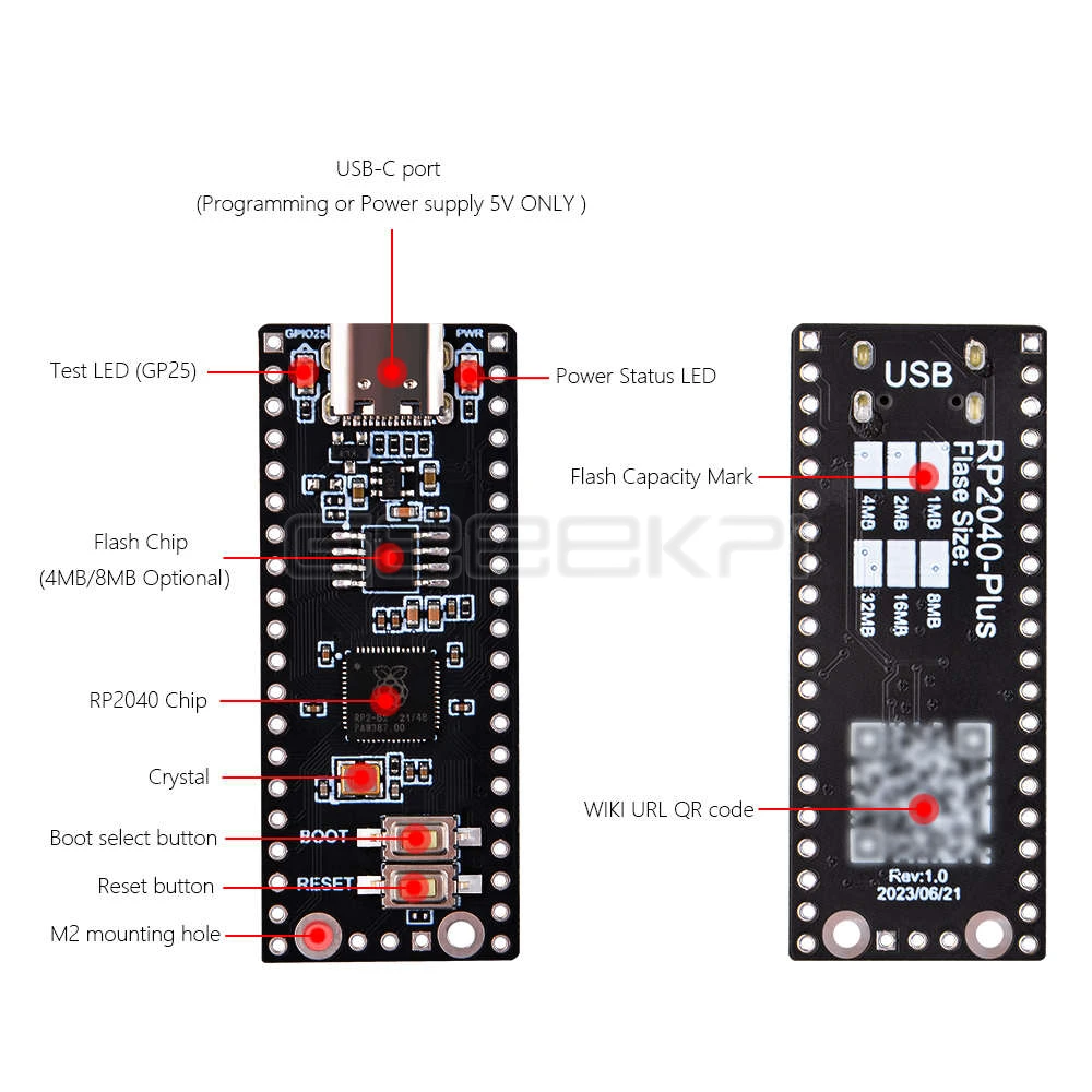 Geeekpi RP2040 Plus 4MB/8MB Mismo Pinout que la placa de desarrollo del microcontrolador Raspberry Pi Pico