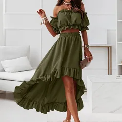 2 Pcs/Set Summer Women Skirt Set Solid Color Ruffle Shoulder-less Top Skirt Suit Irregular Skirts Suit Lady Summer Outfiit