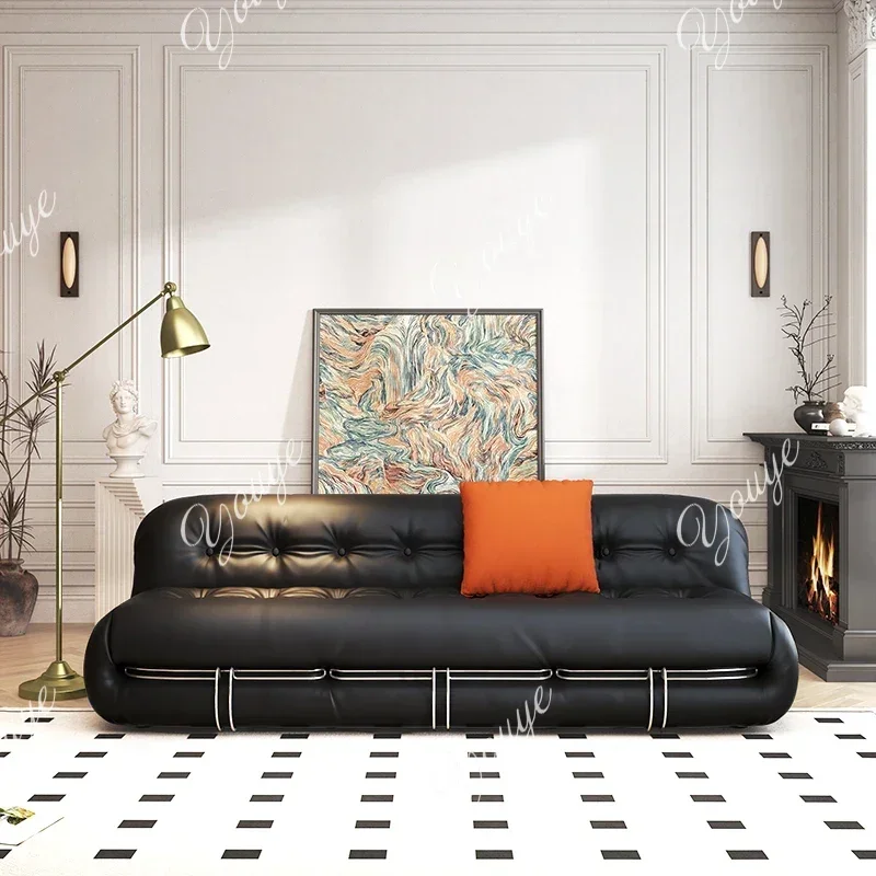 N68 Bauhaus-Inspired Italian Leather Sofa Designer 3-Seater in Black, Wabi-Sabi Minimalist Style Genuine Leather Black Couch roo