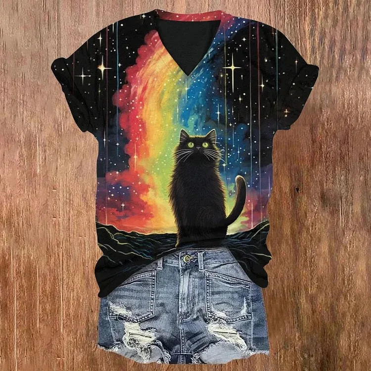 

Casual V-neck T-shirt Women Black Cat Under Rainbow And Stars Print Short Sleeve Multi-color Vintage Tops Plus Size Clothings