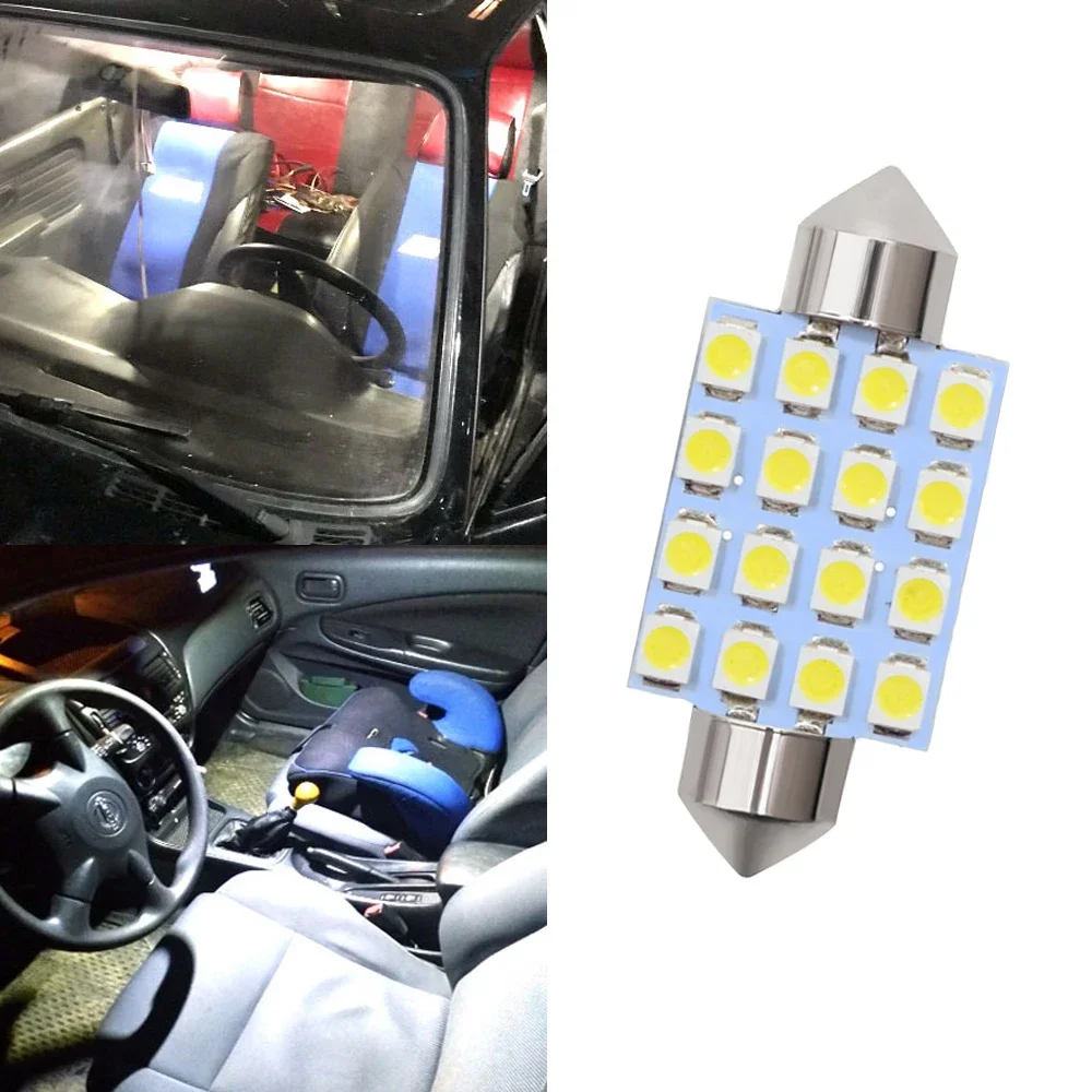 Bombilla de lectura Interior para techo de coche, luz Led T10 3528 DC 12V 16SMD para puerta, luz trasera, maletero, licencia, 36mm, 39mm, 41mm