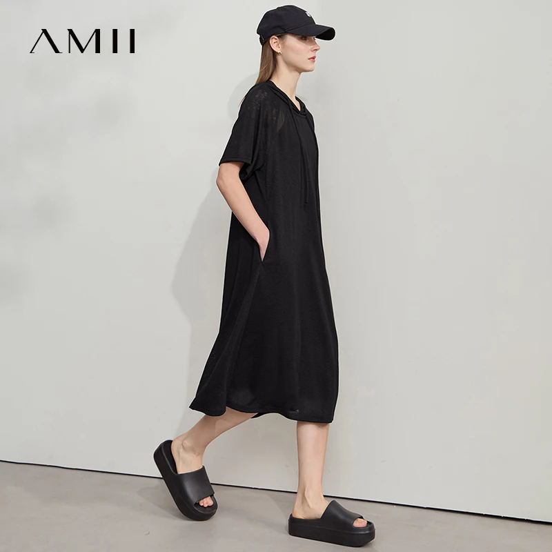 Amii Minimalismus Kleider Frauen 2025, Sommer, neue Bürodame, einfarbig, Mesh-Kapuze, lässig, locker, leicht, bequem, Strickkleider 12542194