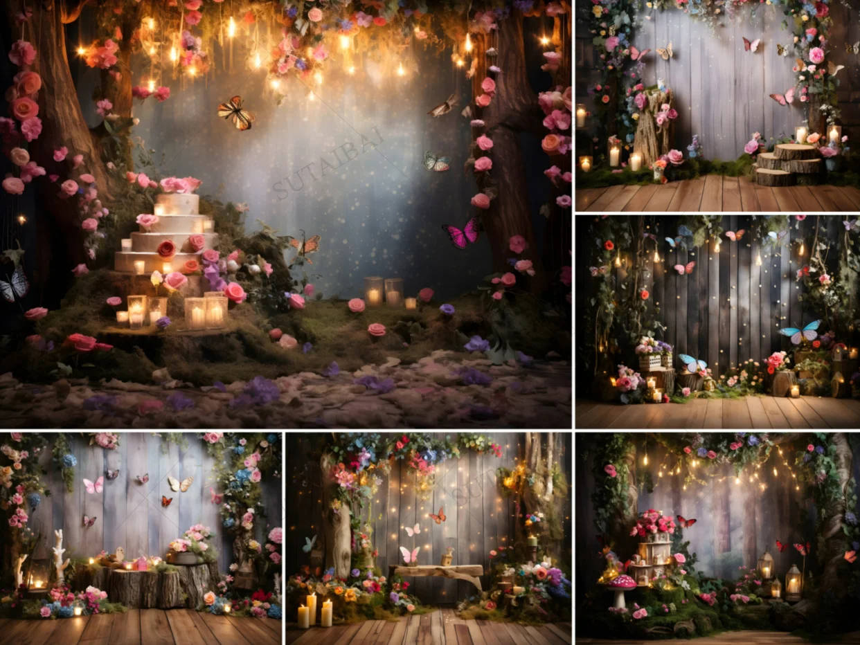 Photography Background Spring Floral Garden Butterfly Kid Birthday Party Cake Smash Portrait Decor Backdrop Photo Studio