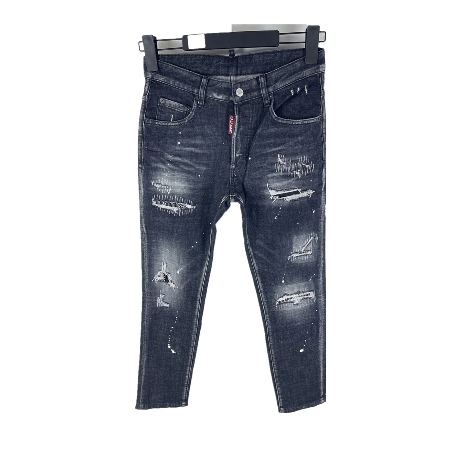 

6061 Four Seasons New D2 Jeans Men's Washed Ripped Patch Paint Embroidery Hand-stitched Feet Black