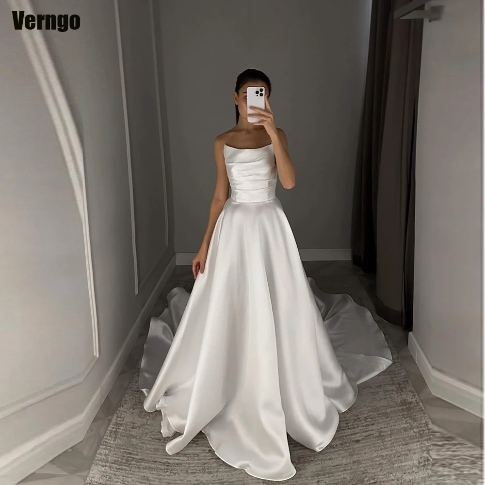 Verngo-A-line cetim vestido de casamento, mangas plissado, vestido de noiva sem alças, até o chão, elegante vestido da noiva, 2024