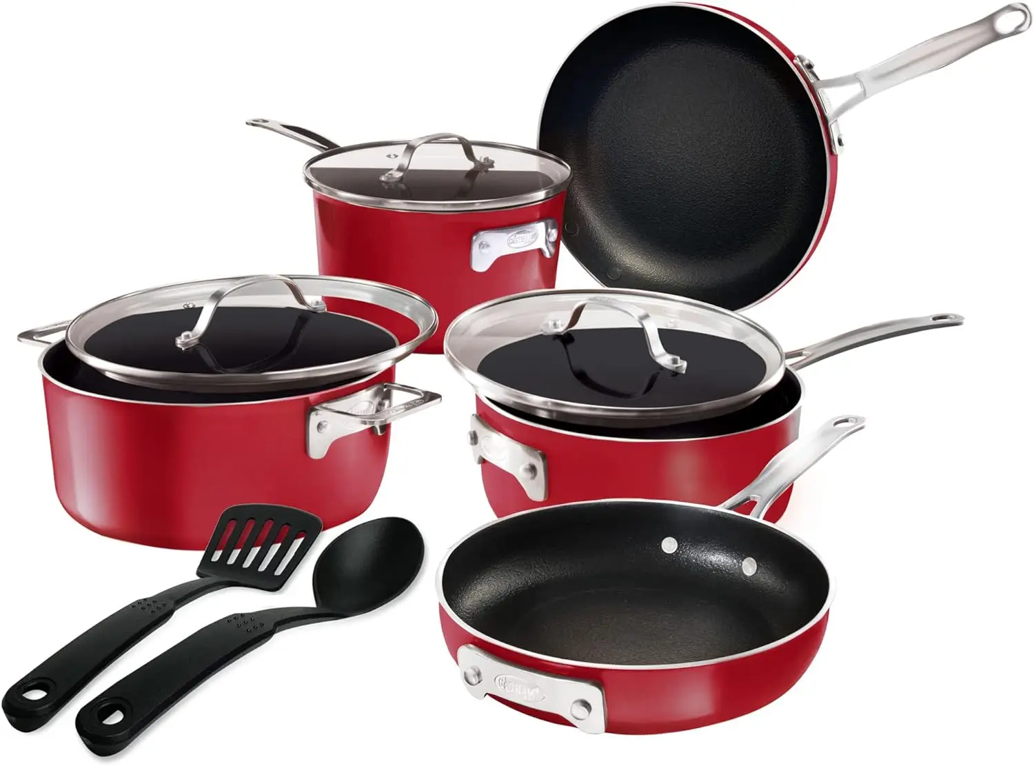 

STACKMASTER Pots Stackable 10 Piece Cookware Set Ultra Nonstick Cast Texture Coating Includes Fry Pans, Red