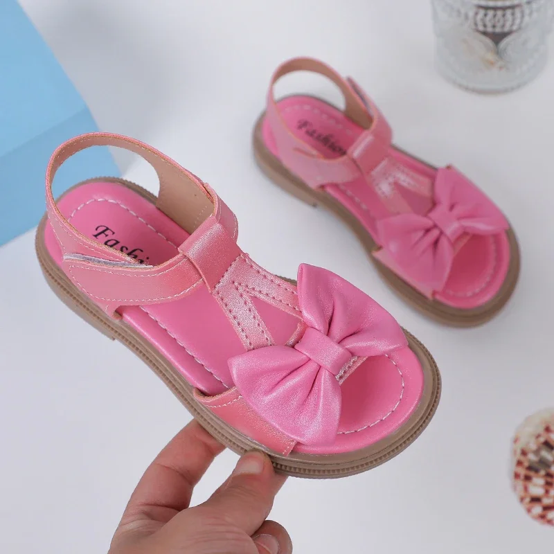 2024 Toddler Girl Shoes Bow Korean Style Soft Summer New Simple Girls Sandals Platform Non-slip Open-toe Kids Shoes Hook & Loop