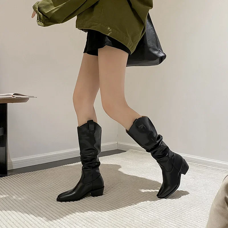 

Brown Faux Suede Knee High Knight Boots Leather Camel Toe Long Ladies Shoes Slip-On Botas Mujer Chunky Heels Sapatos Feminino