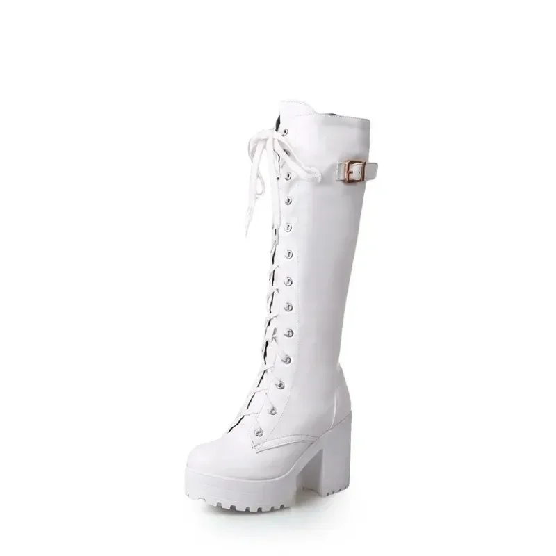 Hot Sale Spring Autumn Lacing Knee High Boots Women Fashion White Square Heel Woman Leather Shoes Winter PU Large Size 43