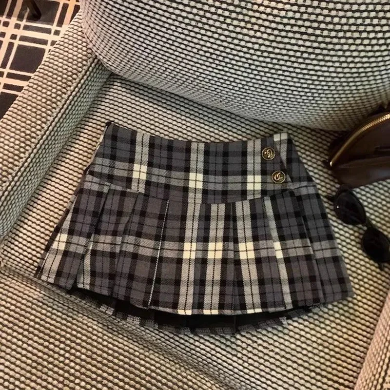 تنورة نسائية أمريكية عتيقة من Preppy Y2K منقوشة بطيات تنورة حلوة على شكل حرف A اليابان Jk خريف شتاء كلاسيكي بسيط تنورة هاراجوكو صغيرة