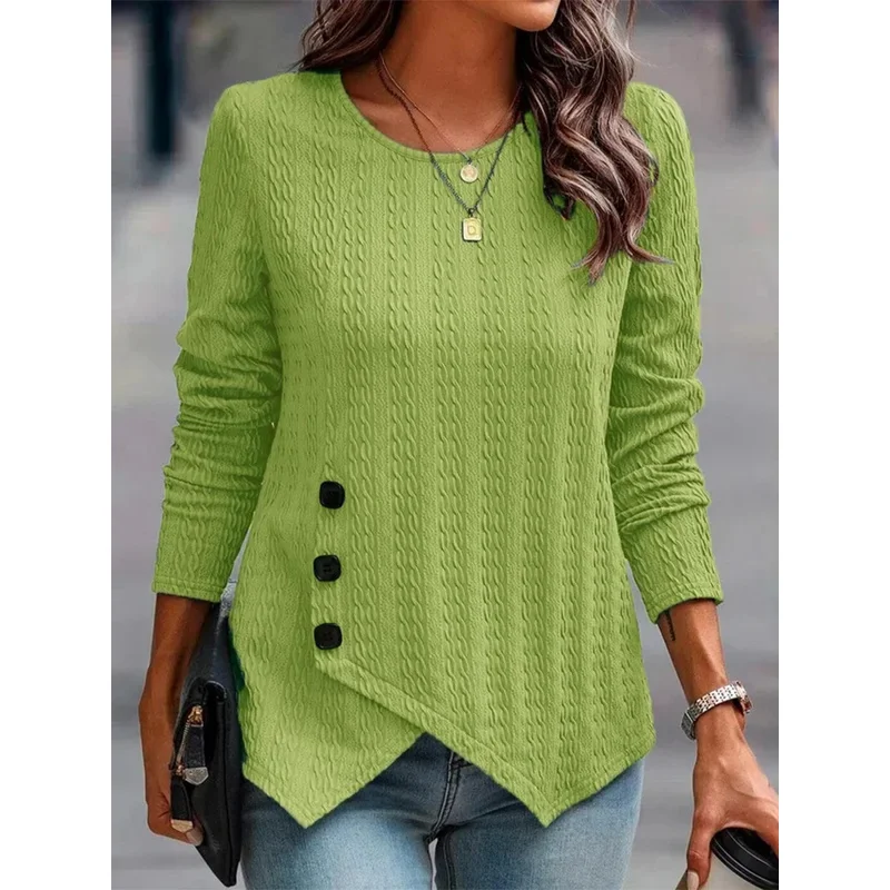 Top de manga larga con cuello redondo para mujer, camiseta de Jacquard con botones de Color sólido, Top elegante de tendencia de otoño