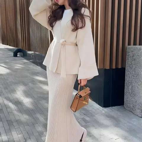 여성용 뜨게 스커트 2 피스 세트, 스웨터 코트 세트, 레이스업 모로코, 두바이 캐주얼 무슬림 앙상블 니트웨어, 롱 스커트 의상