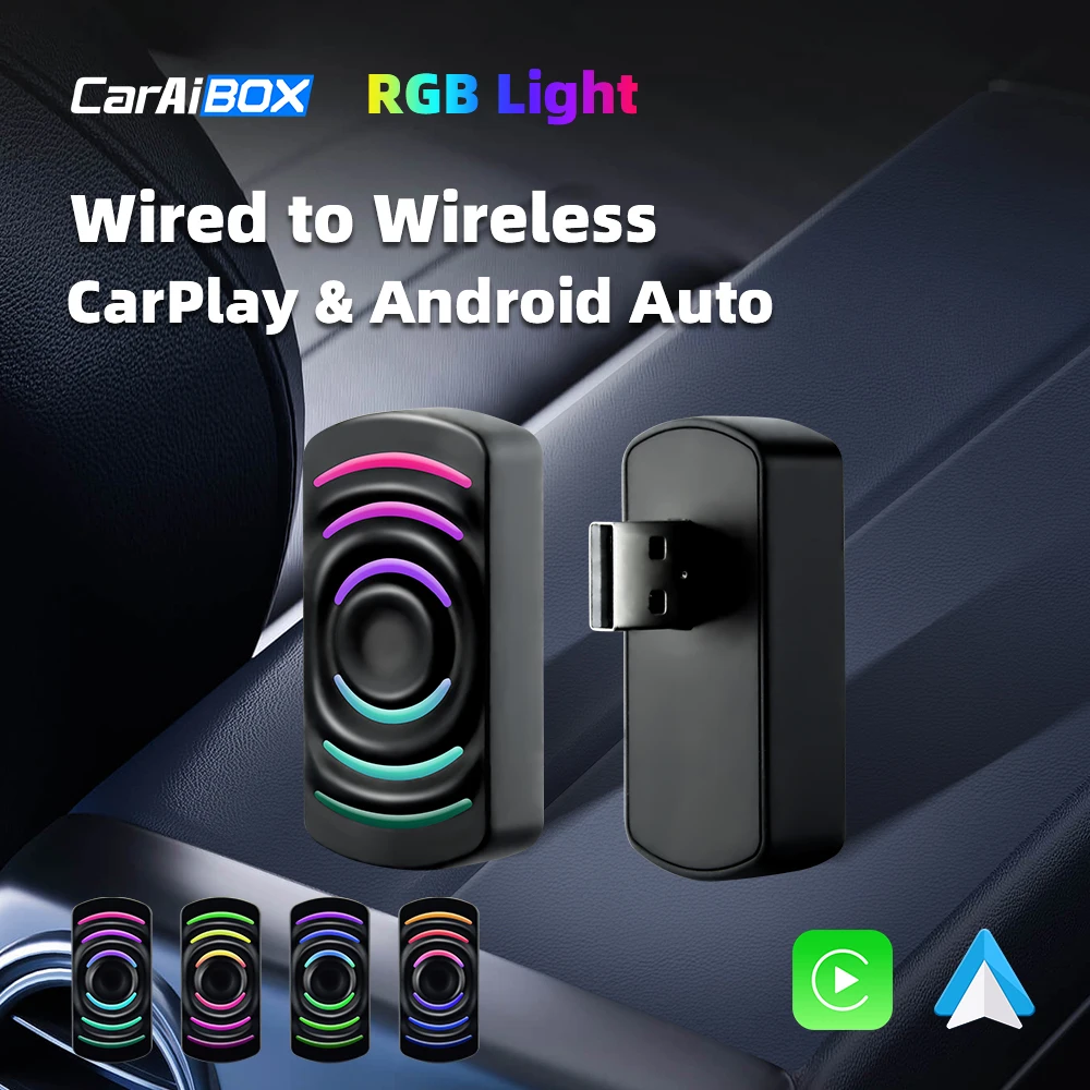 CarAIBOX RGB Light USB Plug and Play 2 em 1 CarPlay sem fio ou Android Auto Box para rádio de carro com CarPlay com fio ou Android auto