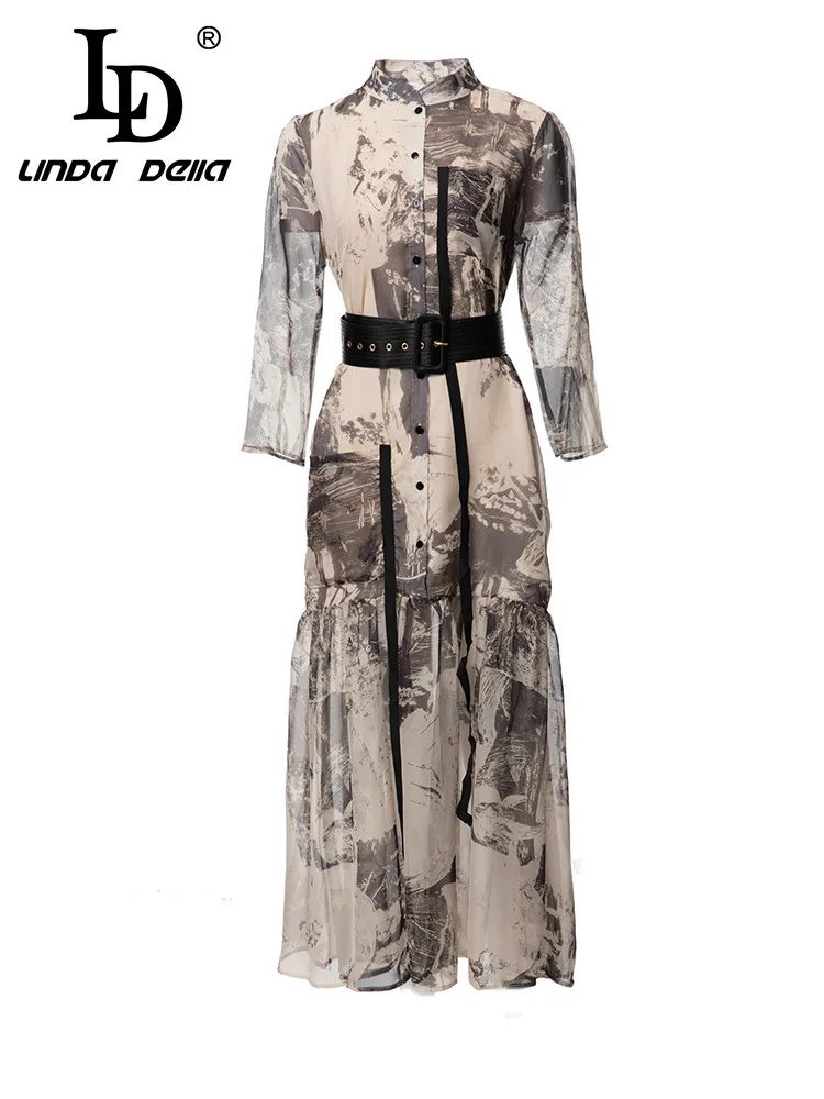 

LD LINDA DELLA Summer High Quality Fashion Runway Dress Women Print Chiffon Tie-belted Button Long Sleeves Vintage Midi Dress