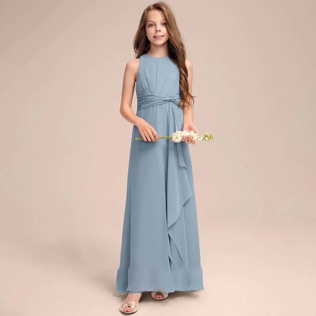 YZYmanualroom Chiffon Junior Bridesmaid Dress With Cascading Ruffles A-line Scoop Floor-Length 2-15T