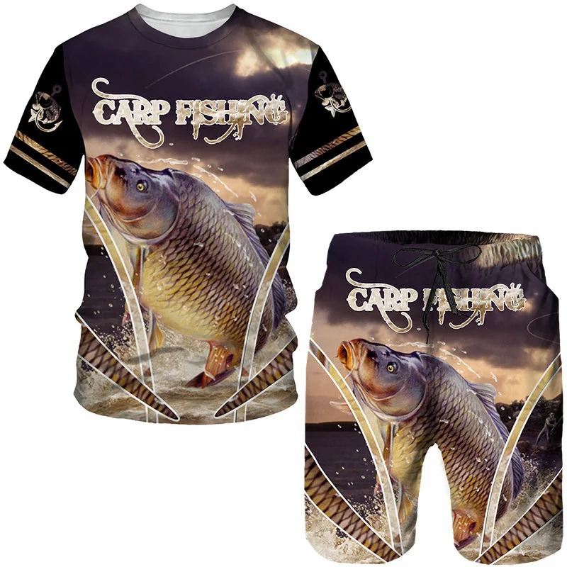 Camouflage 3D Crap Fishing Print Summer Men\'s Beach Shorts Set Short Sleeve T-shirts+Shorts 2 Pcs Set Oversized Tracksuit Suits