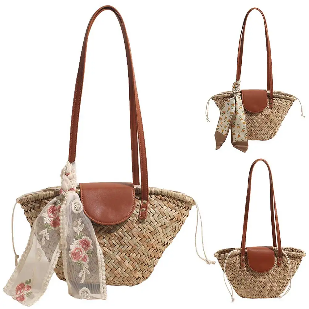 

Women Straw Woven Tote Bag Summer Beach Bags Large Capacity Tote Clutch Bags with Ribbon Chic Hobo Bag for Outdoor Travel