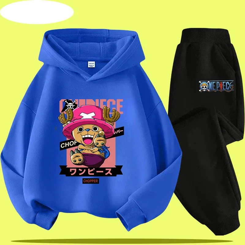 

2026 New Letter A-Z children's hooded shirt set with "One Piece" cartoon print - boys' sports shirt casual top 2-piece set