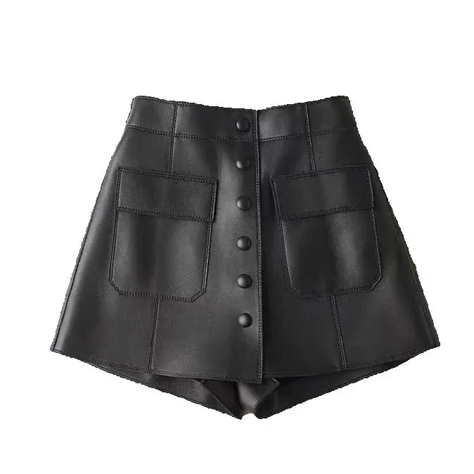 Single-Breasted Leather Shorts Women Autumn Winter New Elastic Waist Design Versatile Slimming Solid Color A-Line Short Culottes