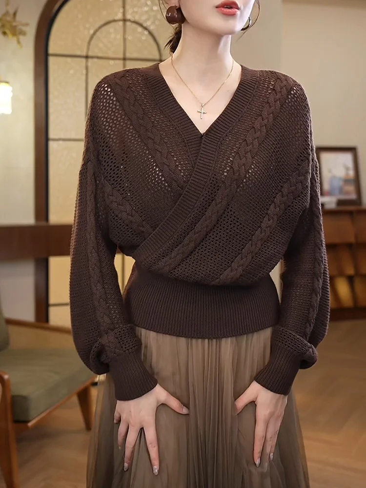 

Mature Design Hollow out Knitwear Women's Faionable Ele Sle Autumn New Large Size Versatile Anti-Aging Top