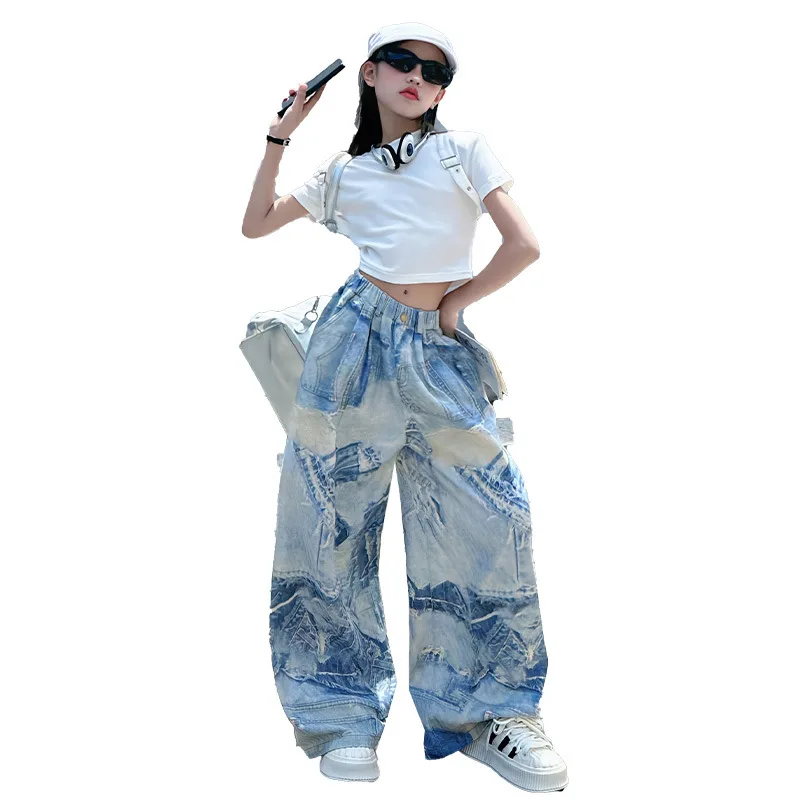 American Style Girl High Street Newspaper Print Jeans for Children Straight Loose Wide Leg Denim Pants Kids y2k Jeans Trousers