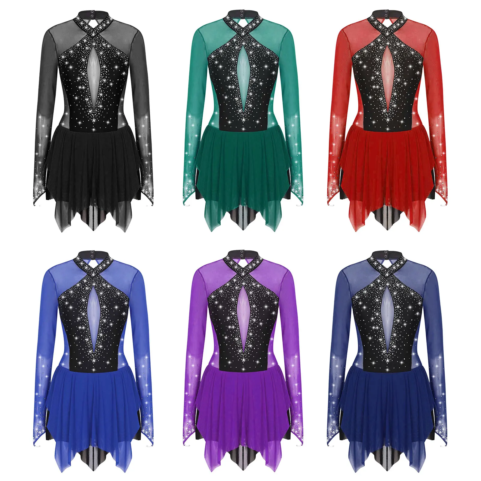 Womens Ballet Gymnastics Dress Rhinestones Leotard Dance Dress Contrast Color Irregular Hem Keyhole Back Long Sleeve Dresses