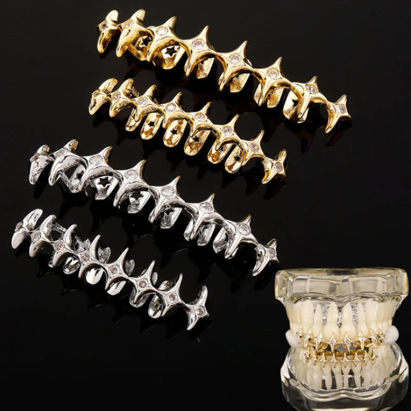 1/2pc Punk Thorns Star Chain Teeth Grillz Hip Hop Gold Silver Color Zircon Tooth Caps For Women Men Jewelry Halloween Gift