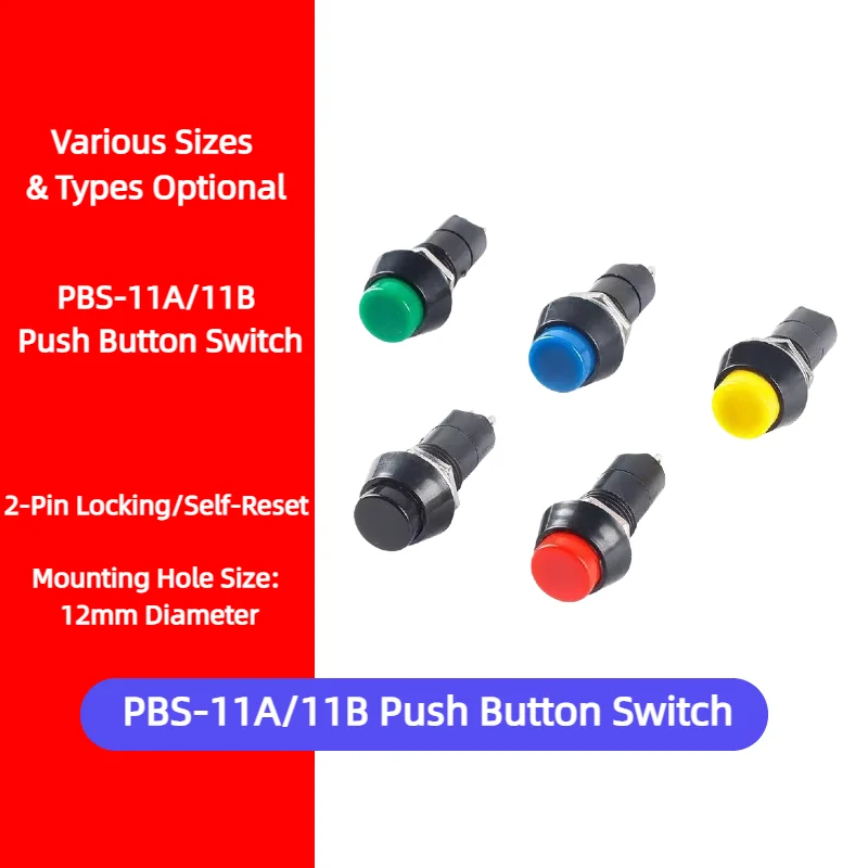 PBS-11A/B Round Push Button Switch 2-Pin 12mm Mounting Hole Self-Reset/Locking Key Electrical Control Accessory Replacement
