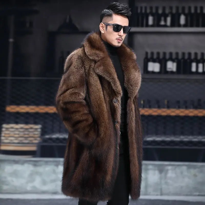 Men Long Faux Fur Coat Notched Lapel Single Breasted Luxury Thick Warm Winter Faux Fur Overcoat Formal Party Outerwear