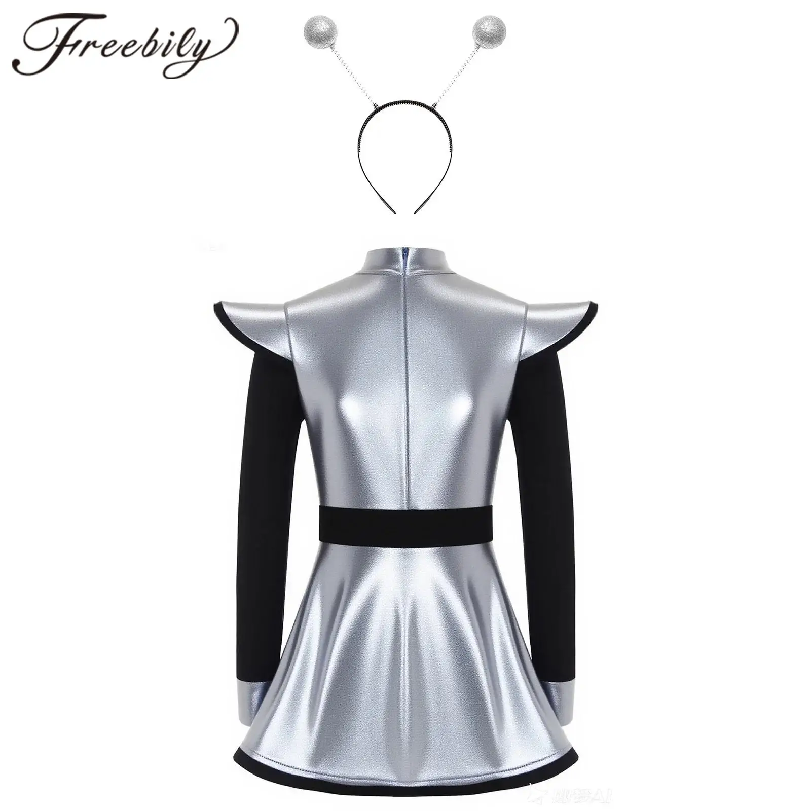 

Girls Glossy Outer Space Fancy Ball Dress Up Alien Robot Dress Silver Astronaut Costume Patchwork Metallic Performance Dancewear