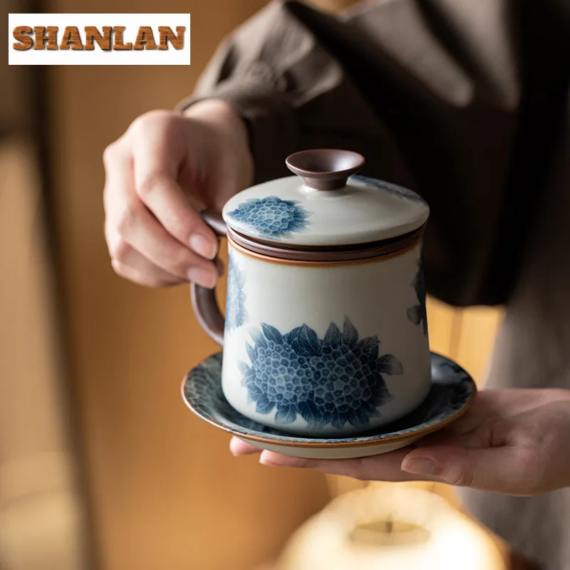

300 мл сине-белая керамическая чашка Ru Kiln с фильтром для чая, чайная кружка ручной работы с заварочным устройством для заваривания чая, офисная чашка для воды, ремесло