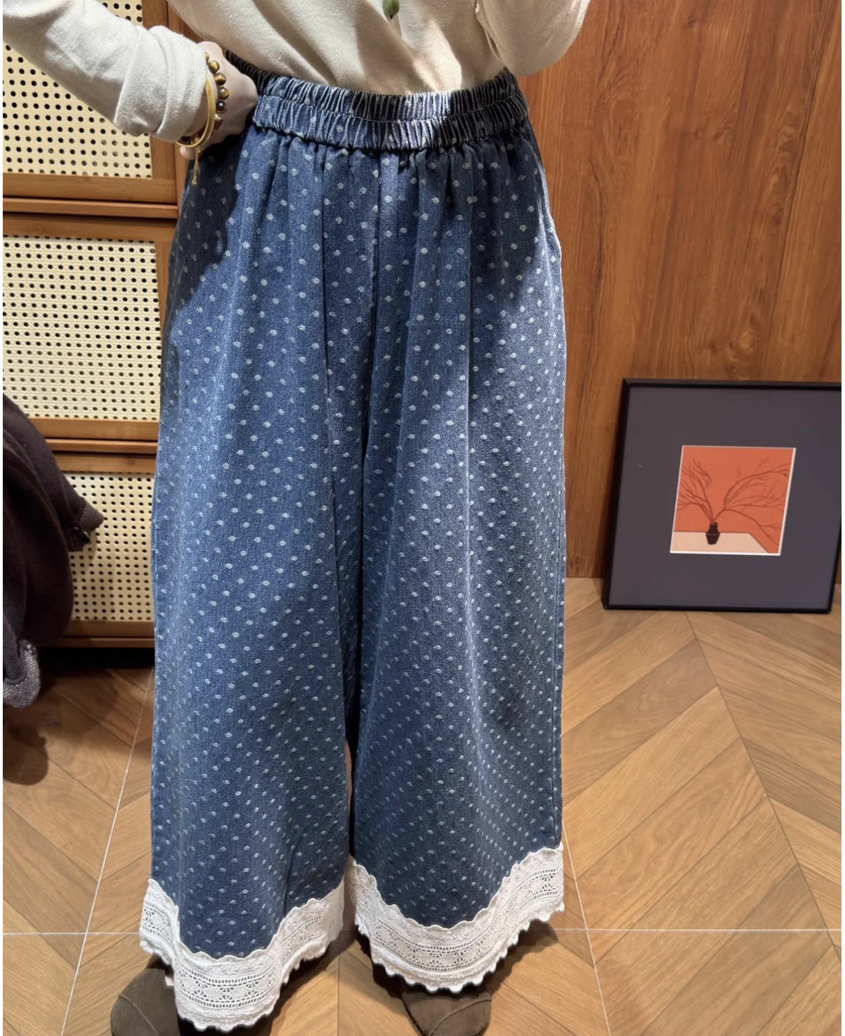 Japanese Mori girl style kawaii polka dot lace crochet patchwork denim pants for women vintage jeans denim wide leg pants