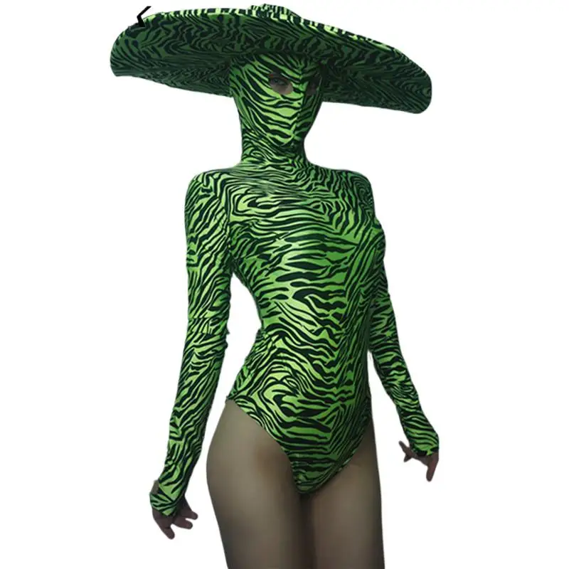 

Women Dance Team Jazz Stage Wear Green Black Zebra Pattern Stretch Skinny Bodysuit Big Hat Dance Outfit Bar Nightclub DS Costume