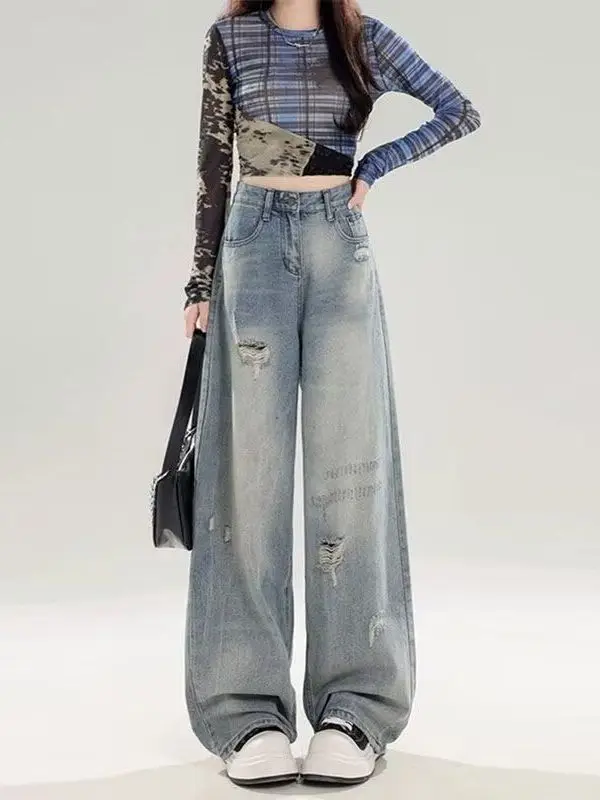 Retro American Washed Denim Jeans High Waist Loose Slim Straight Leg Wide Leg Long Pants Women Summer New Style Casual Jeans