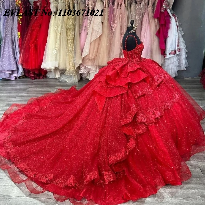 EVLAST Mexican Red Ball Gown Quinceanera Dress Off Shoulder Lace Applique Beading Tiered Sweet 16 Vestidos De XV Anos SQ312