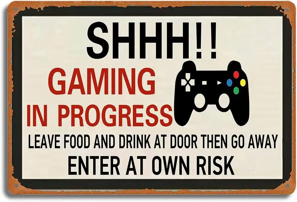 Retro Gaming Metal Tin Sign, SHHH! Gaming in Progress Door Sign, 12x8 inch Room Decor, Funny Do Not Disturb Gamer Plaque, Game R