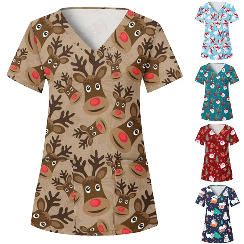 Christmas Pharmacist Dentist Veterinary Nurse Tops Slim Xmas Print Beauty Nurse Scrubs Clothes Beauty Spa Lab Scrubs Blouse