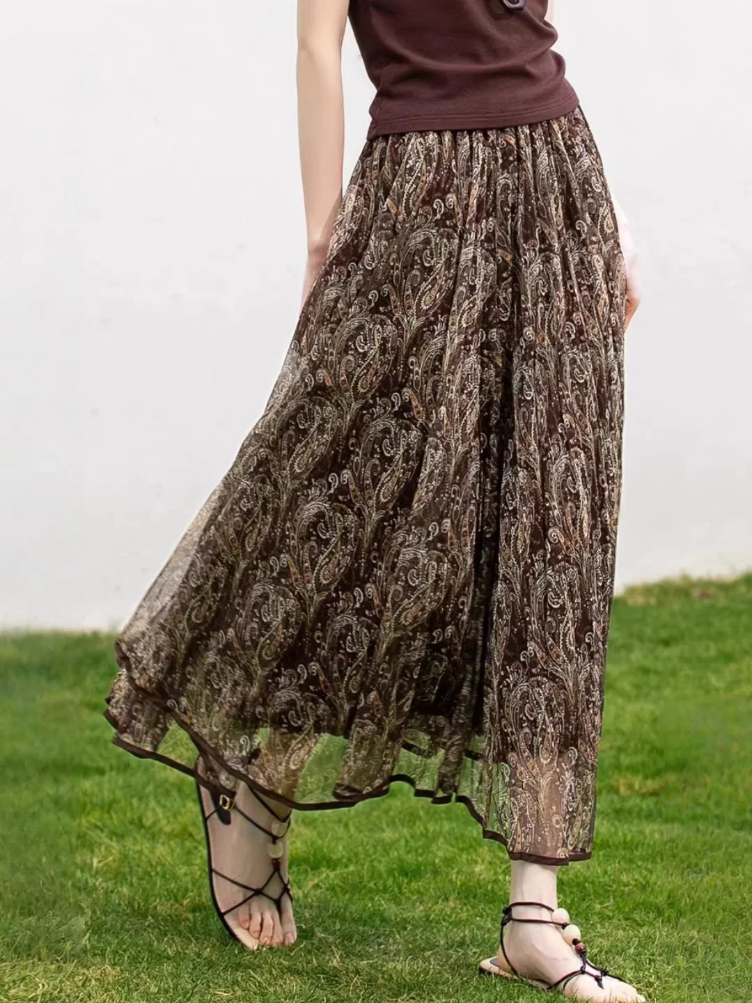 

Новая женская летняя свободная драпированная длинная юбка А-силуэта с высокой талией и цветочным принтом, повседневная, дышащая