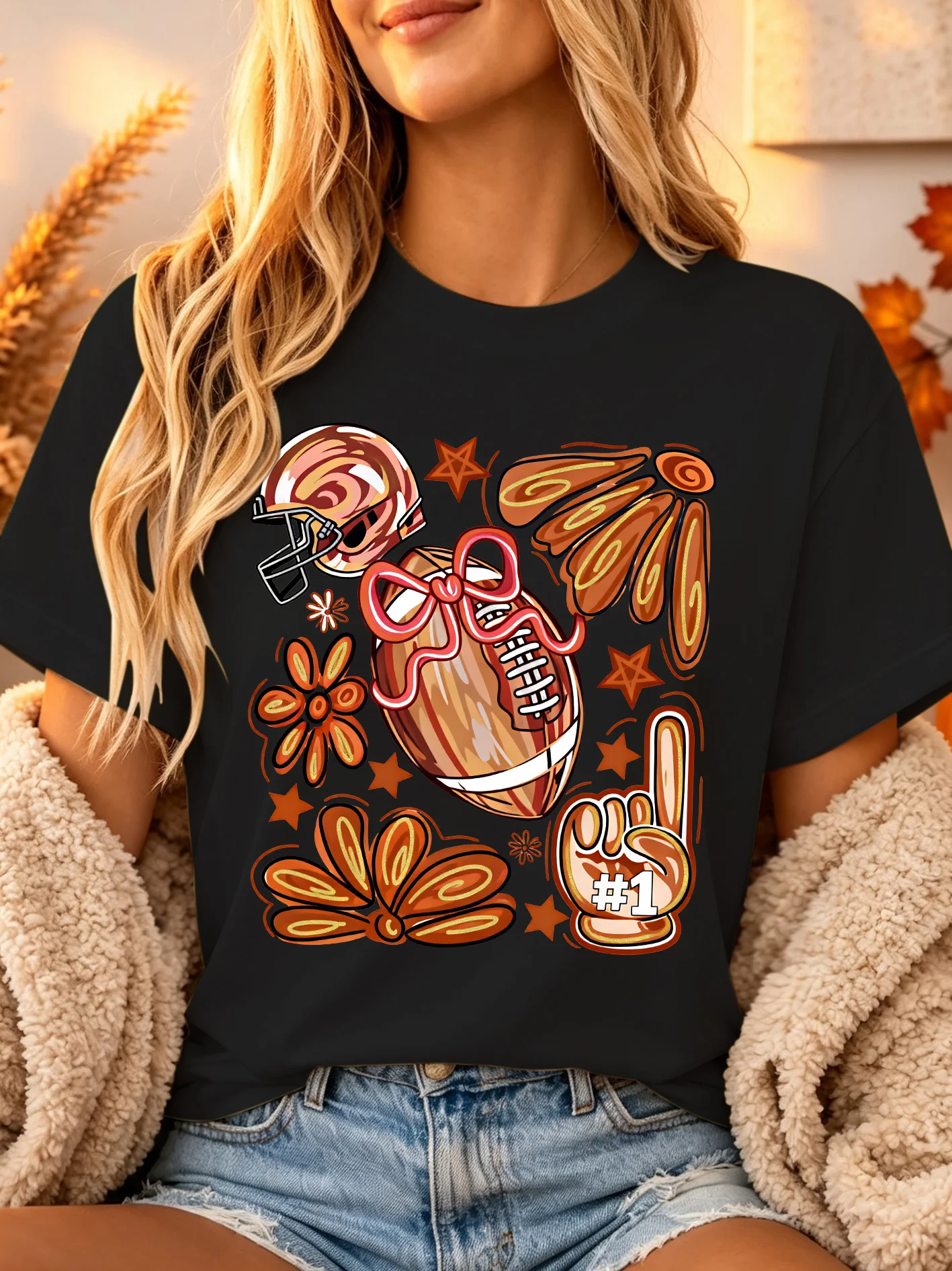 Retro Football Helmet Bow Floral Womens Crew Neck Short Sleeve T Shirt Game Day Sport Graphic Tees For Ladies Daily Wear